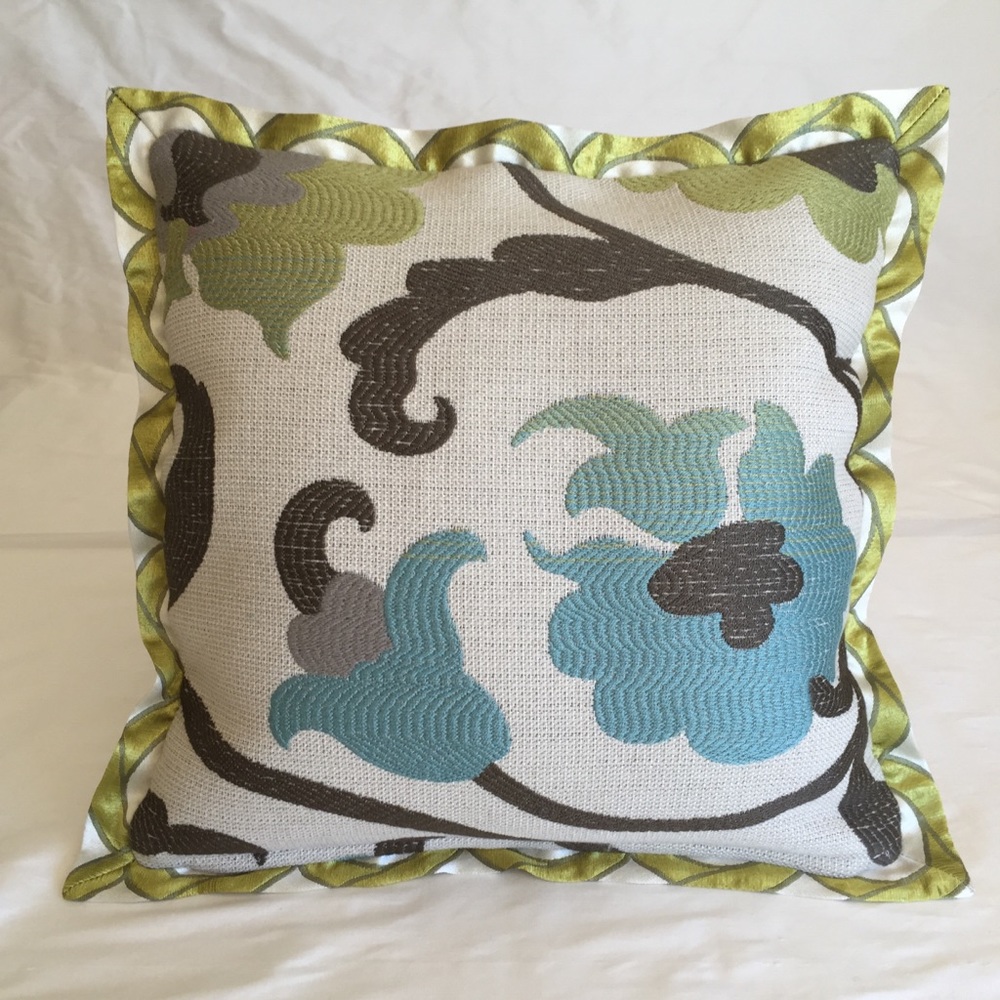 15" Warm Yellow Green & Aqua Floral Pillow Cover